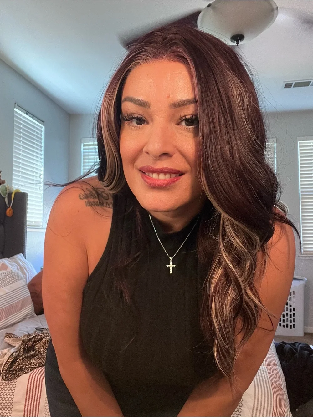 Cambria (Ruby Radiance) Wig in Dark wine with Blonde Highlights